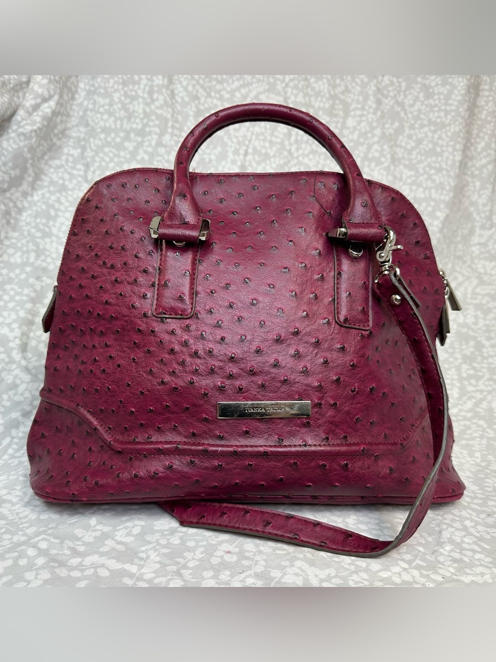 Ivanka Trump Plum Vegan Textured Ostrich Skin Dome Satchel with Detachable Strap